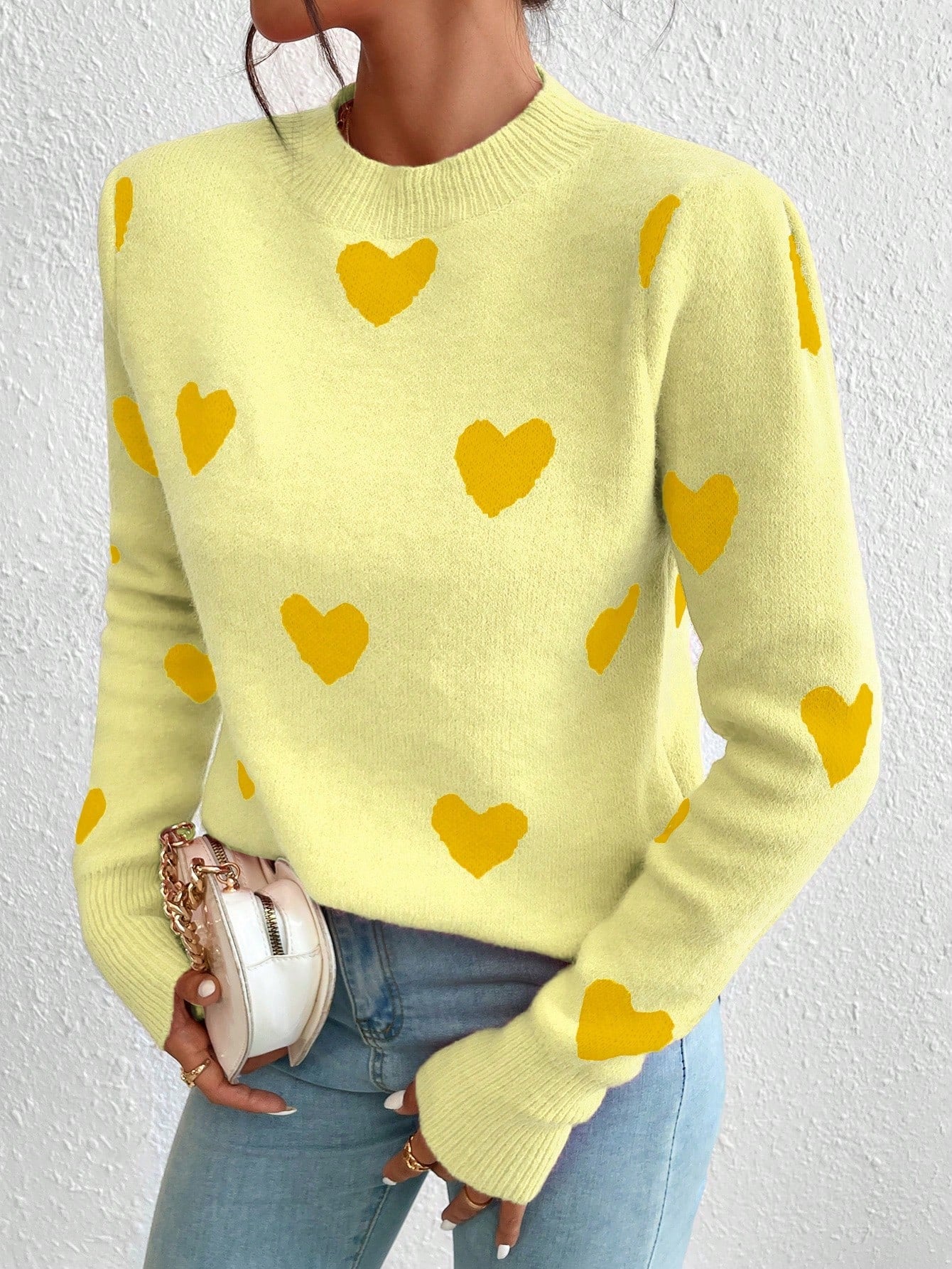 Women's Heart Jacquard Crew Neck Casual Long Sleeve Sweater, Suitable For Autumn/Winter