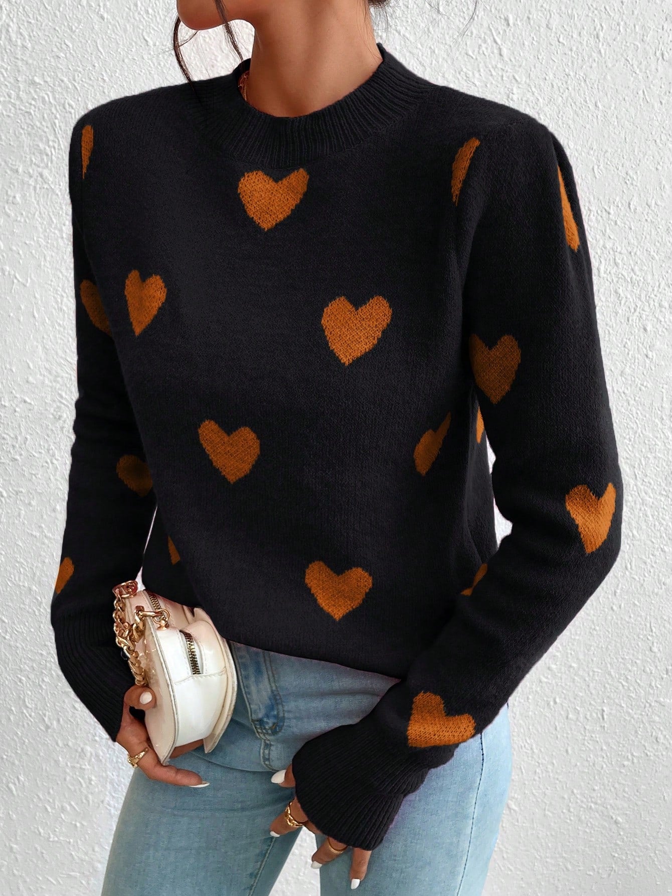 Women's Heart Jacquard Crew Neck Casual Long Sleeve Sweater, Suitable For Autumn/Winter