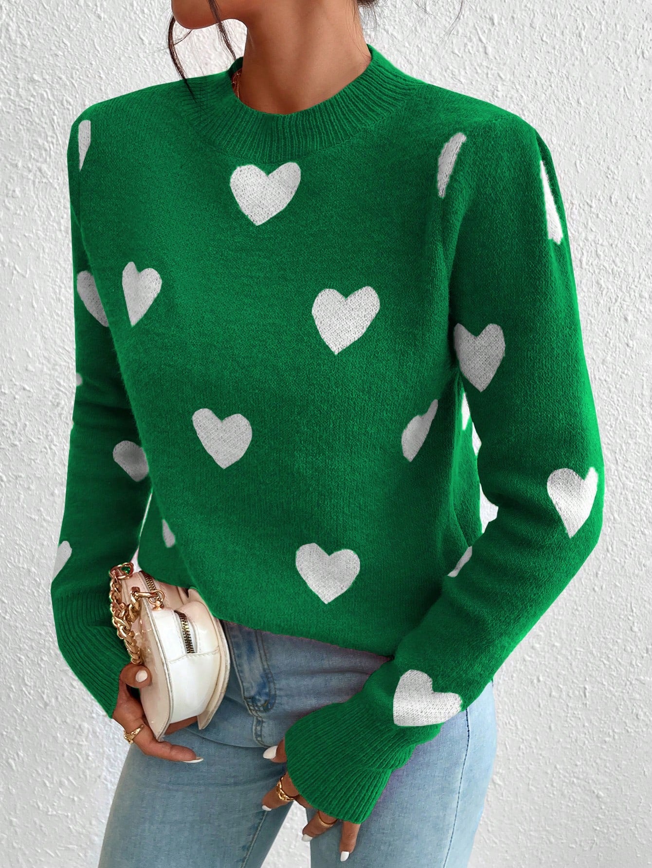Women's Heart Jacquard Crew Neck Casual Long Sleeve Sweater, Suitable For Autumn/Winter