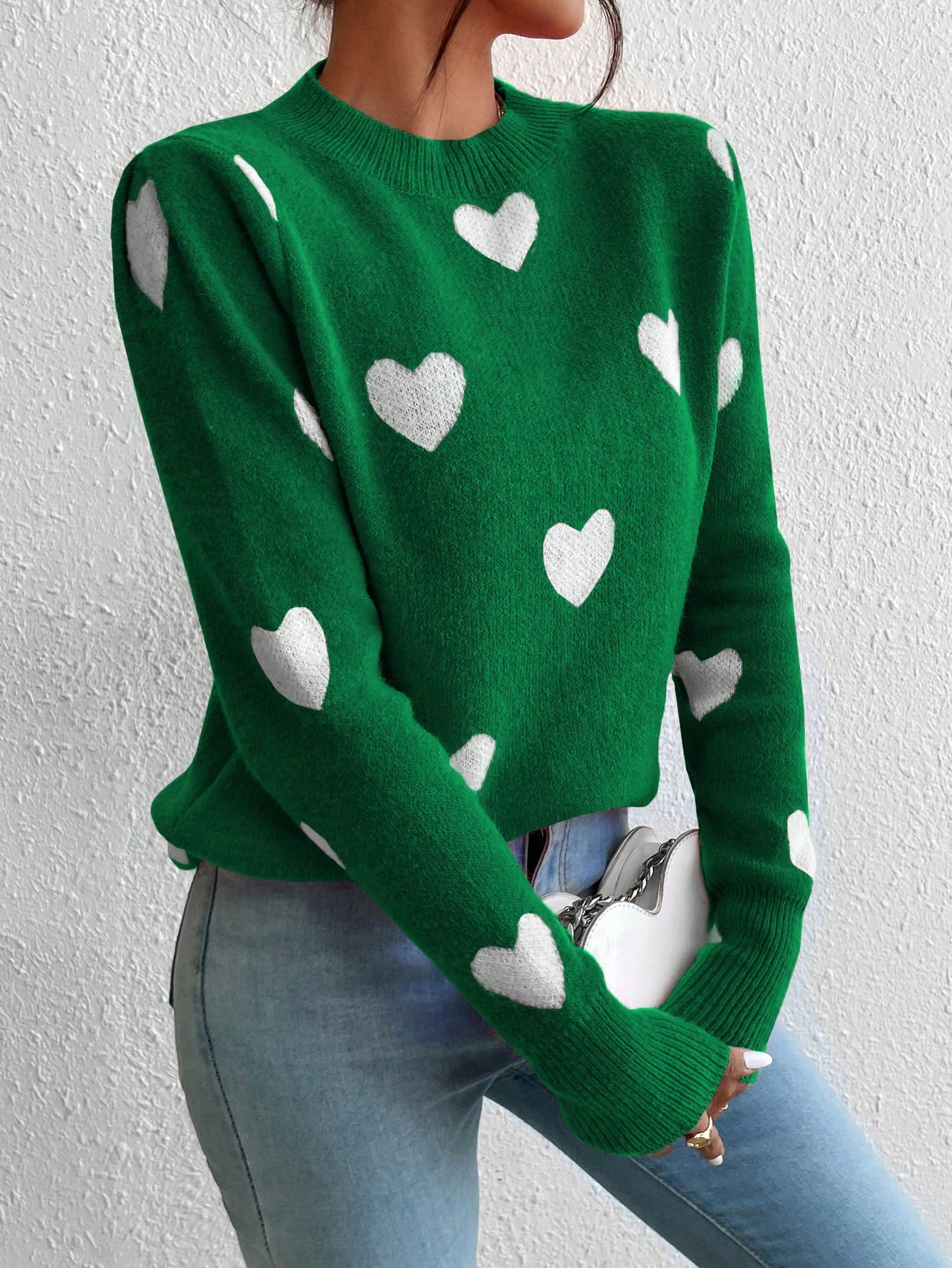 Women's Heart Jacquard Crew Neck Casual Long Sleeve Sweater, Suitable For Autumn/Winter
