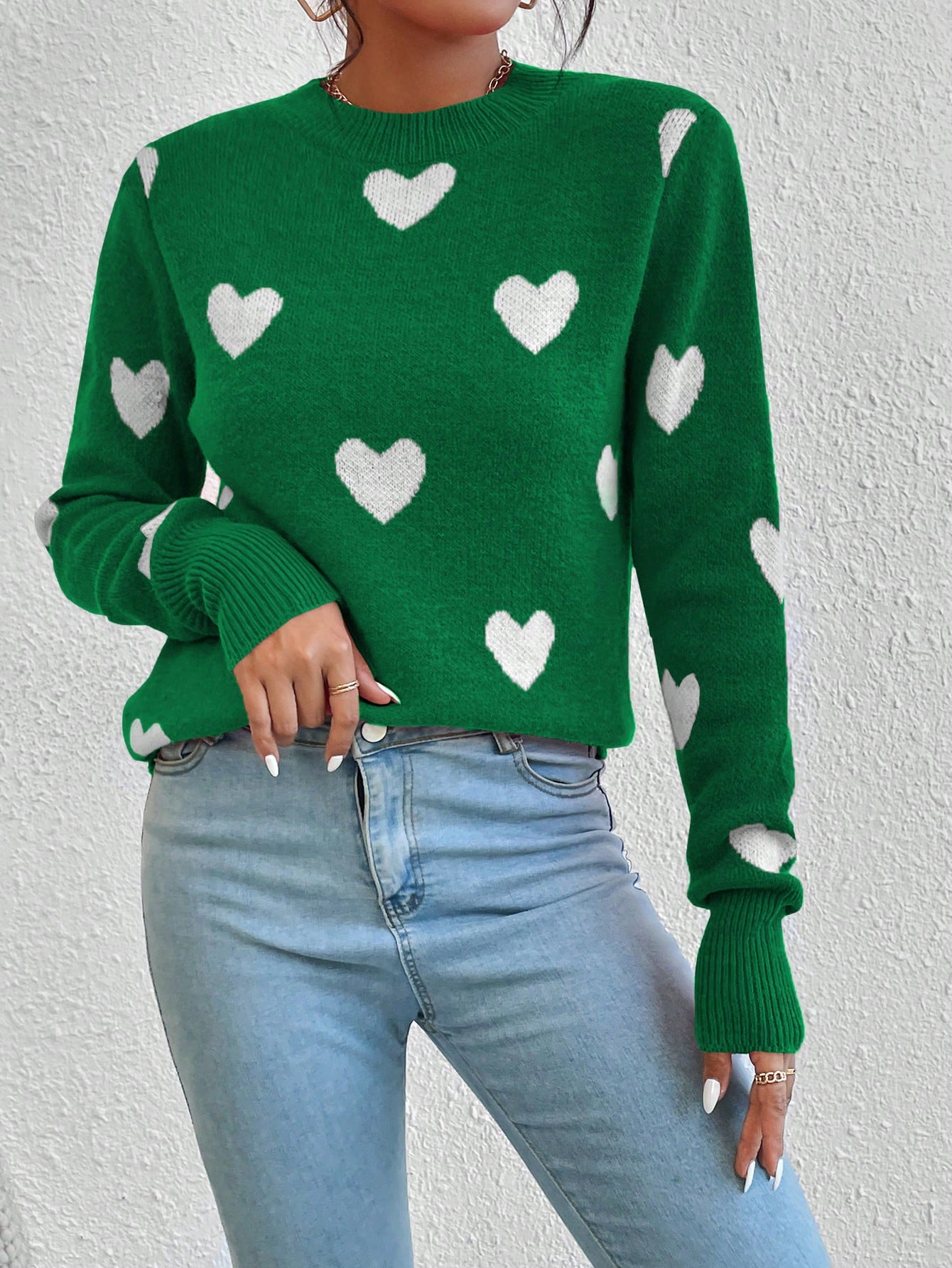 Women's Heart Jacquard Crew Neck Casual Long Sleeve Sweater, Suitable For Autumn/Winter