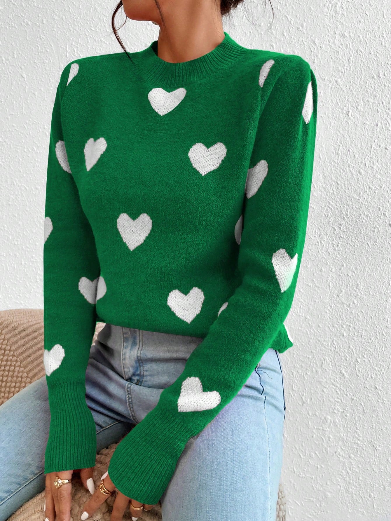 Women's Heart Jacquard Crew Neck Casual Long Sleeve Sweater, Suitable For Autumn/Winter