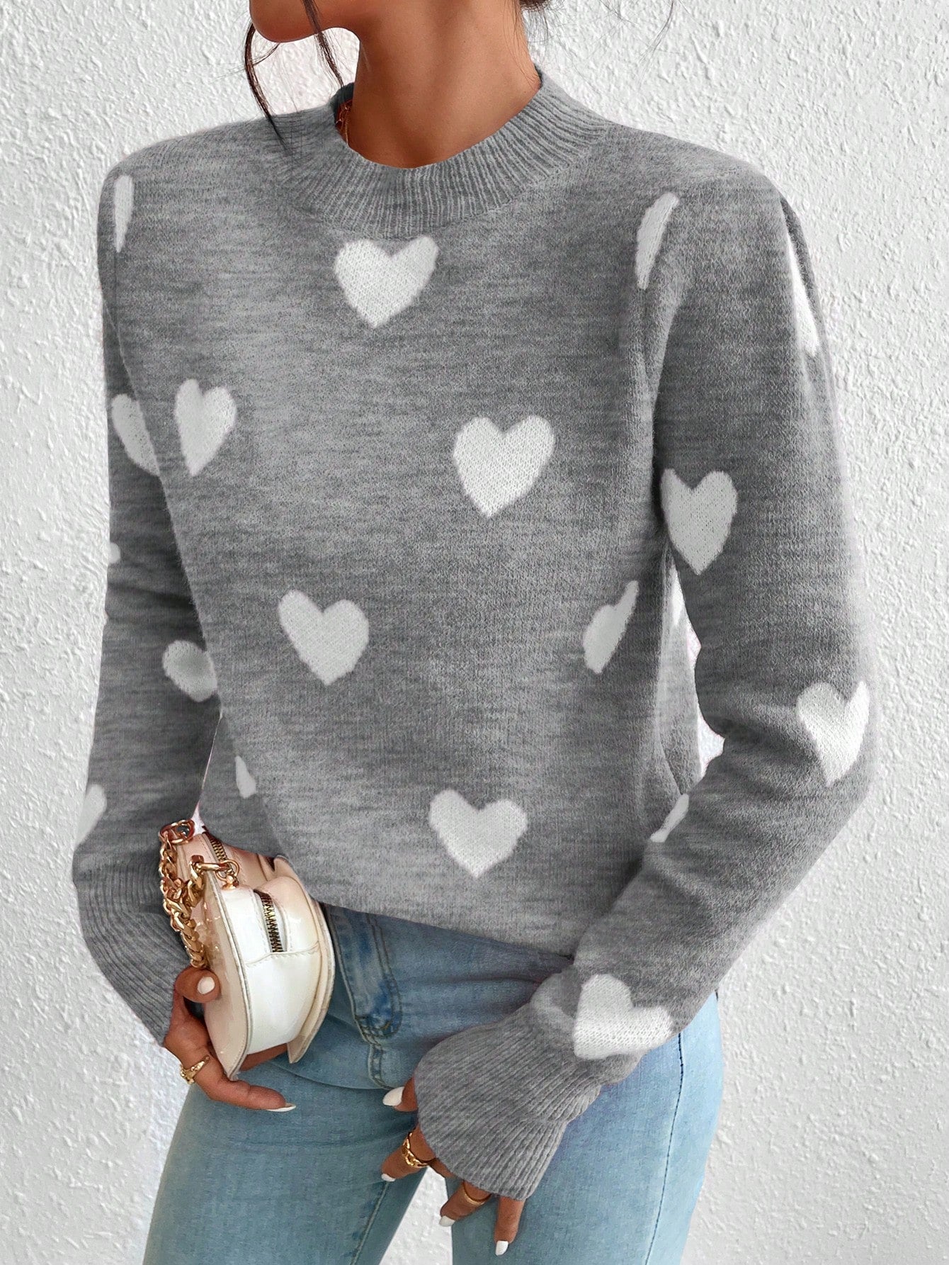 Women's Heart Jacquard Crew Neck Casual Long Sleeve Sweater, Suitable For Autumn/Winter