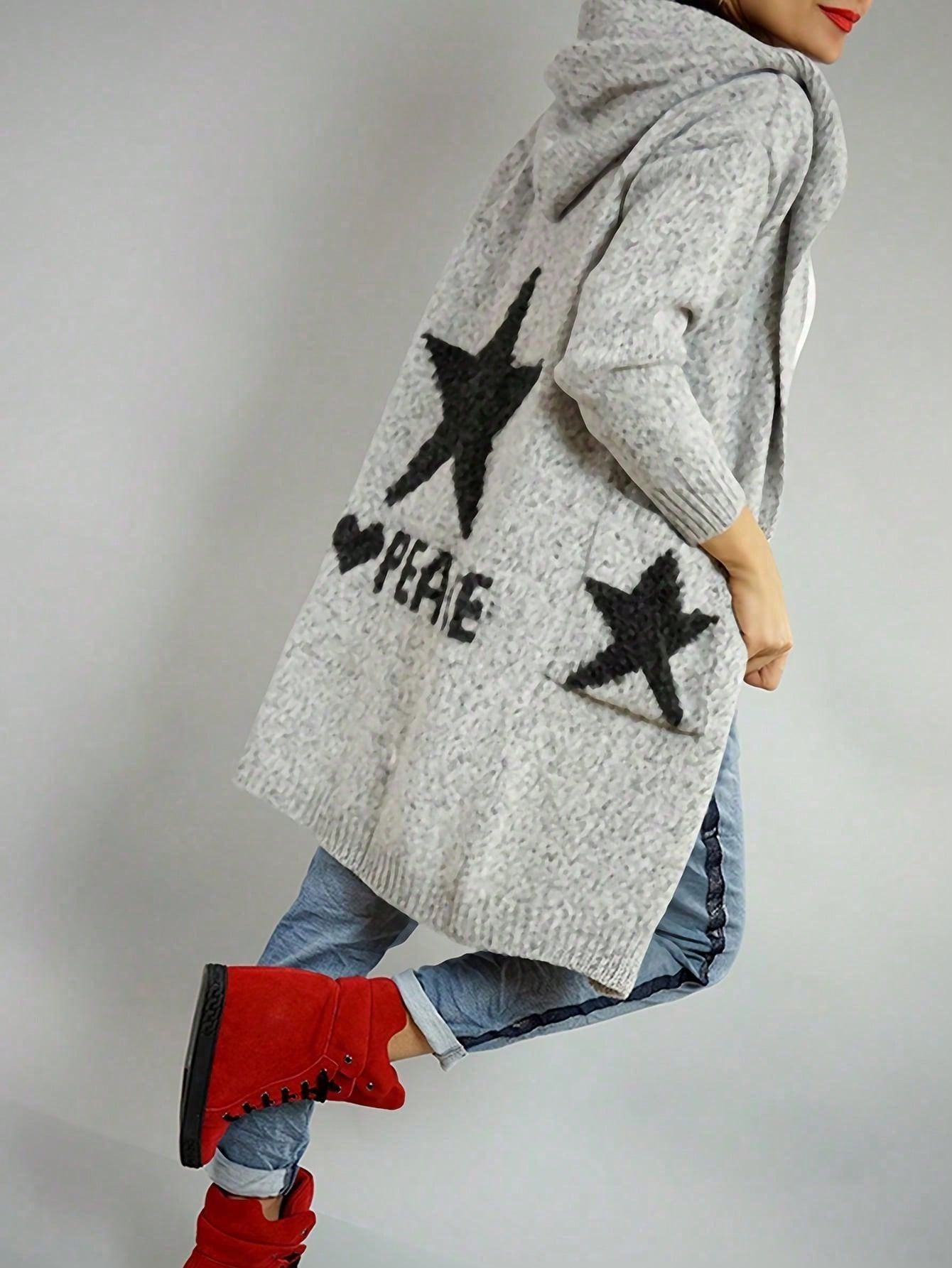 1 Piece Cardigan I Love Peace Star Printed, Long Sleeve Tops
