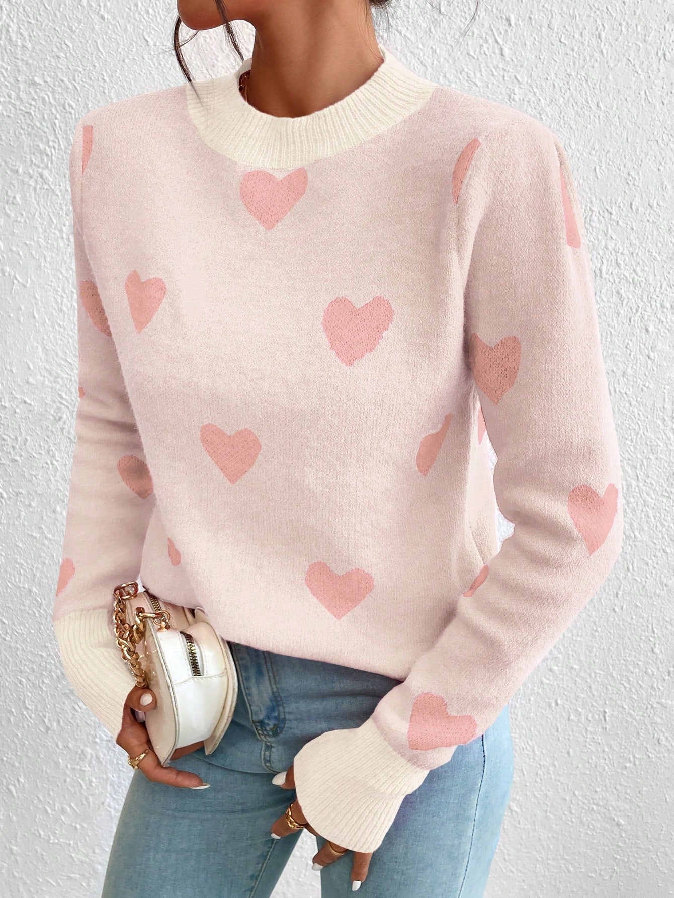 Women's Heart Jacquard Crew Neck Casual Long Sleeve Sweater, Suitable For Autumn/Winter