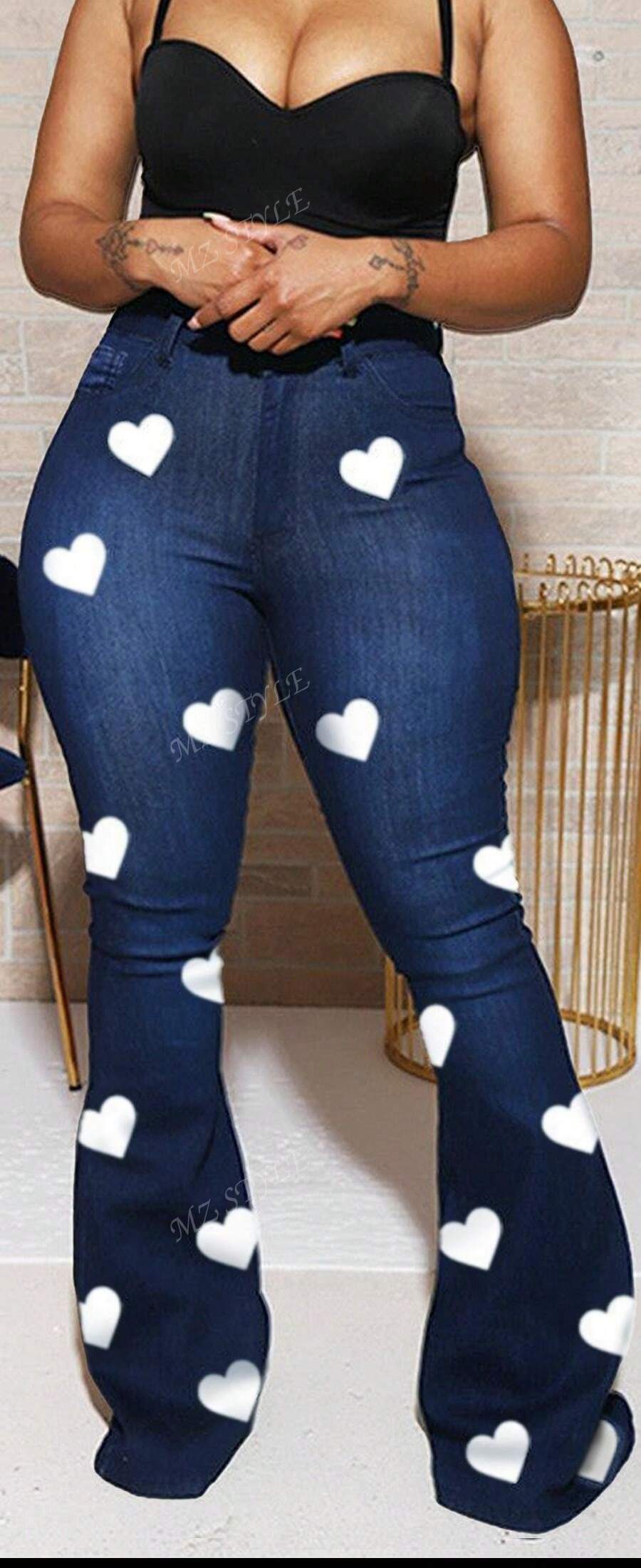Valentine's Heart Print Women's Long Skinny Flared Jeans
