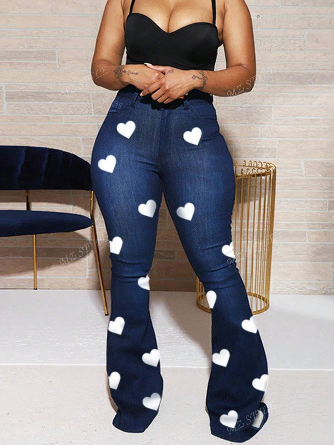 Valentine's Heart Print Women's Long Skinny Flared Jeans