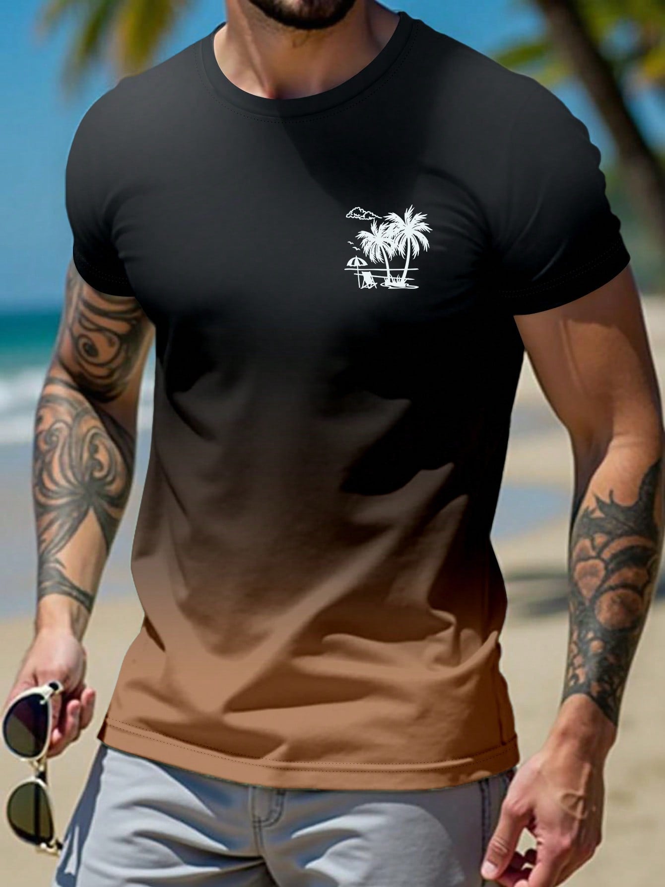 Manfinity RSRT Round Neck Digital Printed Ombre Color Summer Casual Short Sleeve T-Shirt