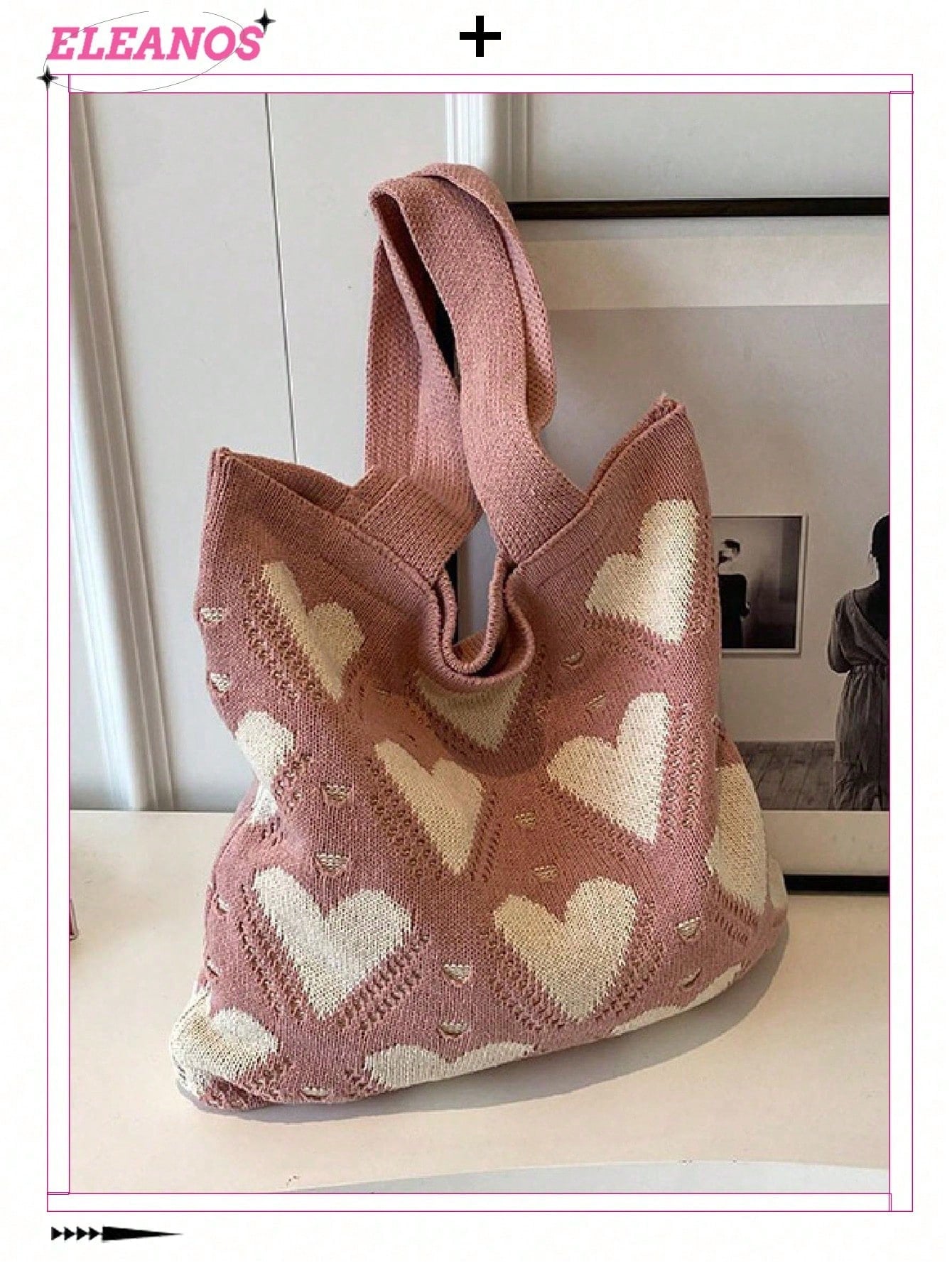 Heart Pattern Knit Tote Bag, Fashionable Women Shoulder Bag, Crochet Handbag