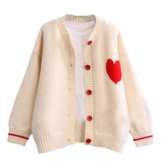 FindThy Women's Cute Cardigan Sweater Kawaii Love Heart Print Y2K Button Knitted Outerwear
