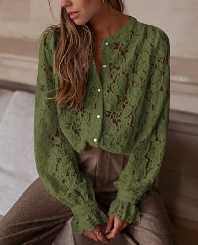 Women's Dressy Casual Lace Blouse Long Sleeve Button Up Shirts Tops