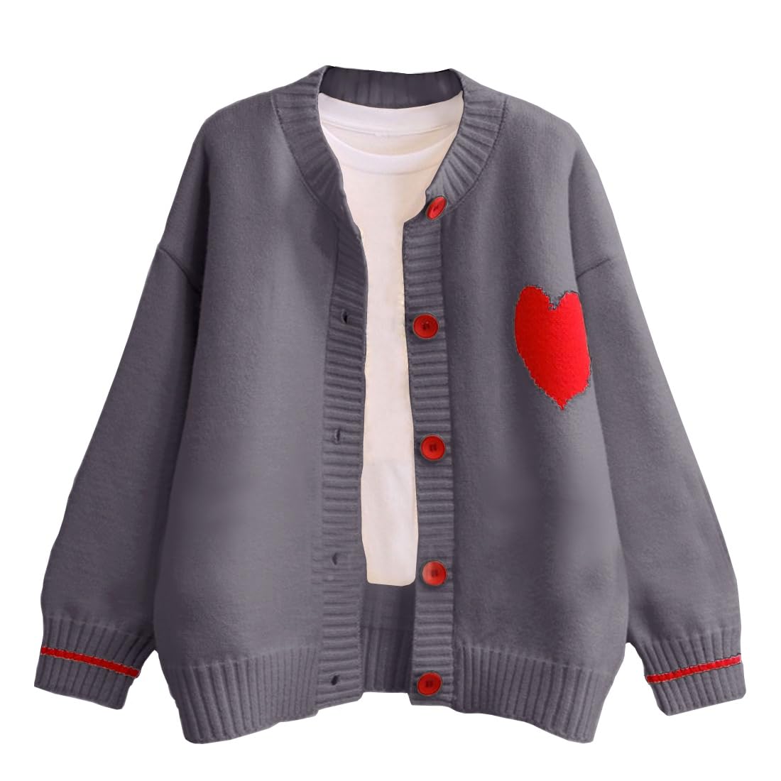 FindThy Women's Cute Cardigan Sweater Kawaii Love Heart Print Y2K Button Knitted Outerwear