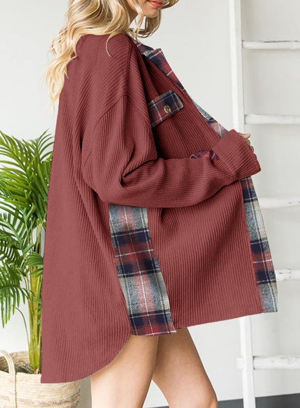 Womens Waffle Knit Plaid Shacket Boyfriend Button Down Shirt Jacket Loose Long Sleeve Tops