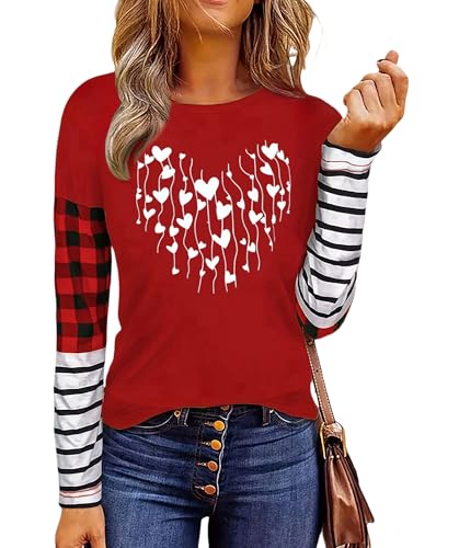 Valentines Day Shirts for Women Funny Plaid Love Heart Graphic Valentines T-Shirt Plaid Striped Splicing Long Sleeve Tops