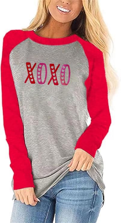 Womens Love Heart Raglans T-Shirts Casual Long Sleeve Valentine's Day Graphic Tees Tops