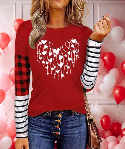 Valentines Day Shirts for Women Funny Plaid Love Heart Graphic Valentines T-Shirt Plaid Striped Splicing Long Sleeve Tops