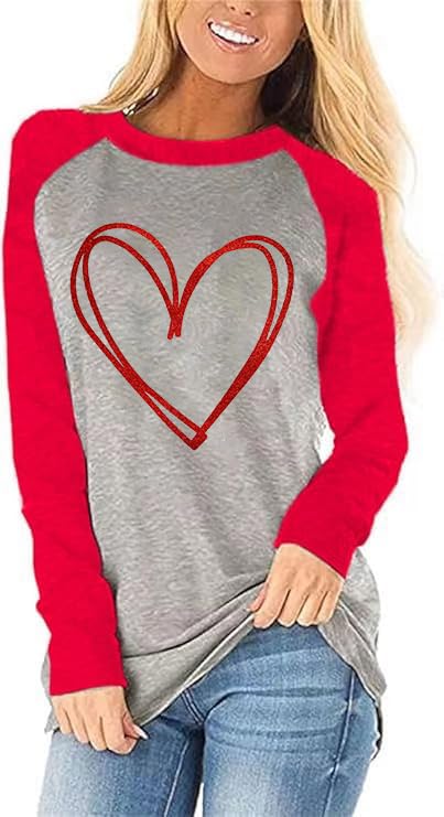 Womens Love Heart Raglans T-Shirts Casual Long Sleeve Valentine's Day Graphic Tees Tops