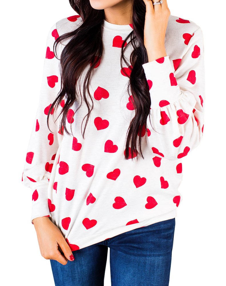Womens Long Sleeve Heart Prints Blouse Crew Neck Valentines Tshirt Sweatshirt