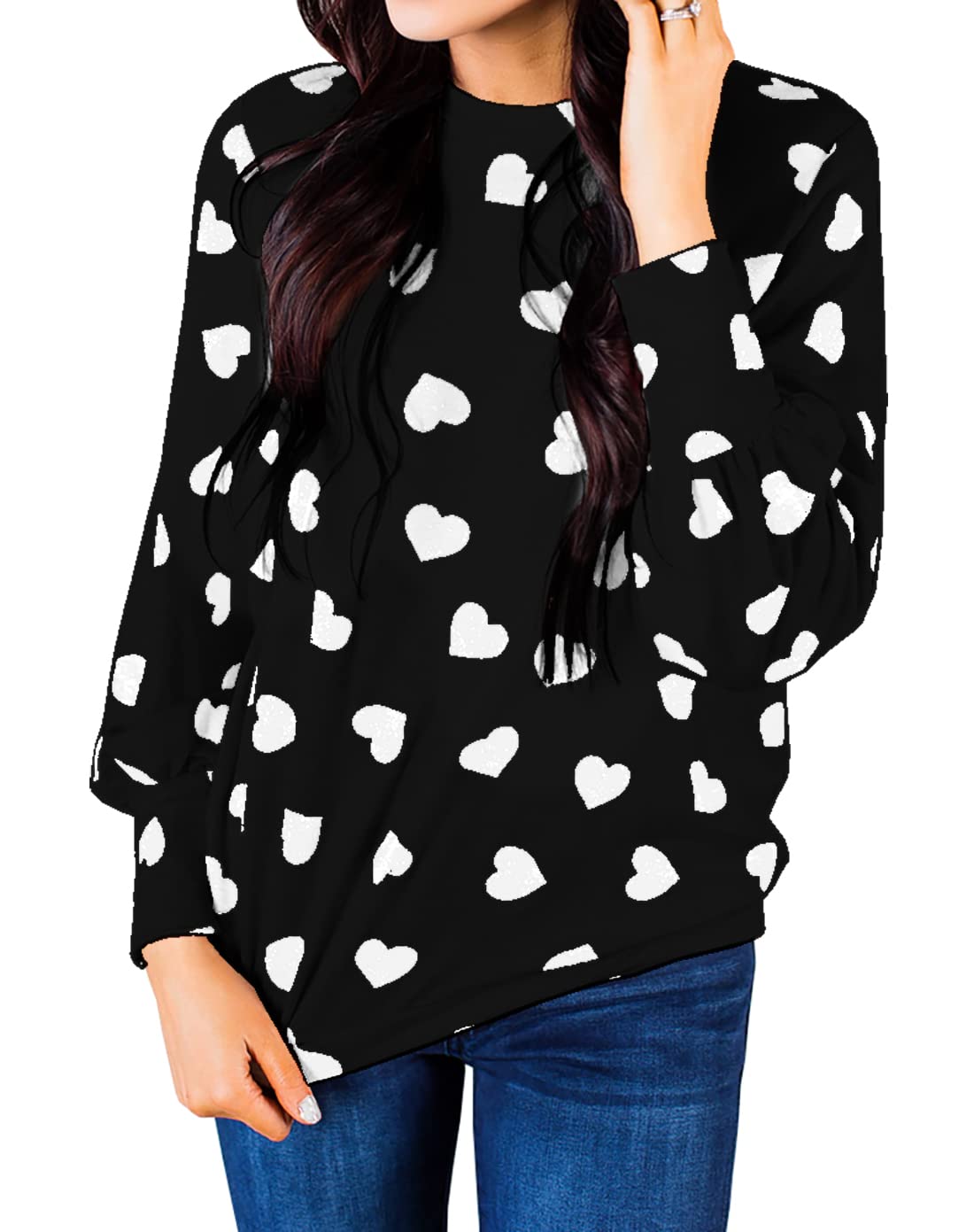 Womens Long Sleeve Heart Prints Blouse Crew Neck Valentines Tshirt Sweatshirt