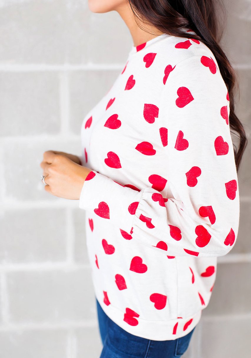 Womens Long Sleeve Heart Prints Blouse Crew Neck Valentines Tshirt Sweatshirt