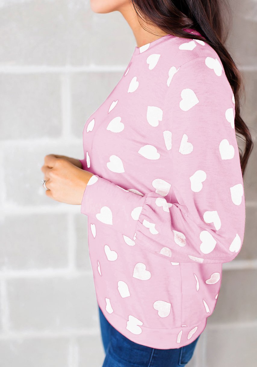 Womens Long Sleeve Heart Prints Blouse Crew Neck Valentines Tshirt Sweatshirt