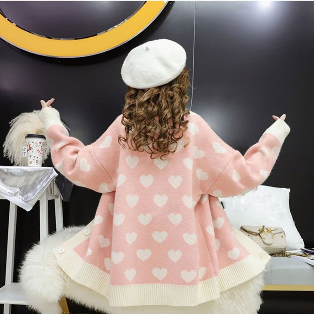 FindThy Women's Cute Cardigan Sweater Kawaii Love Heart Print Y2K Button Knitted Outerwear