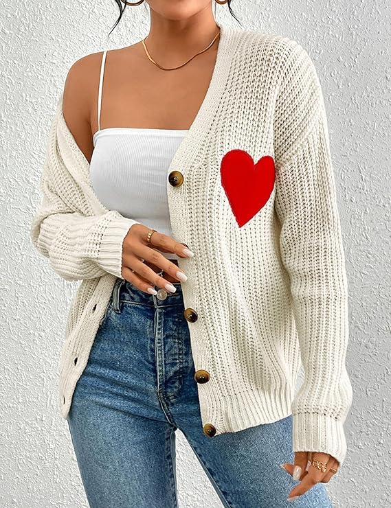 FindThy Women's Cute Cardigan Sweater Kawaii Love Heart Print Y2K Button Knitted Outerwear