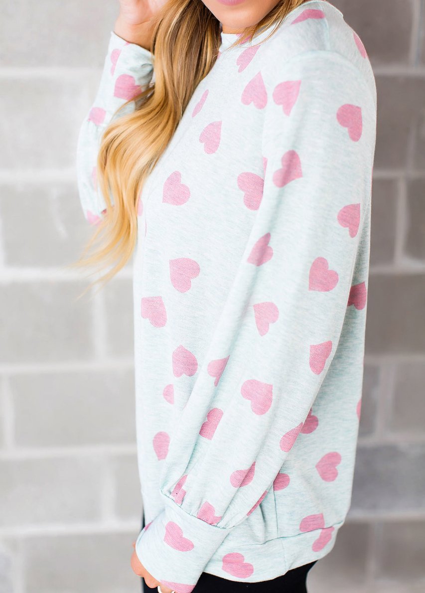 Womens Long Sleeve Heart Prints Blouse Crew Neck Valentines Tshirt Sweatshirt
