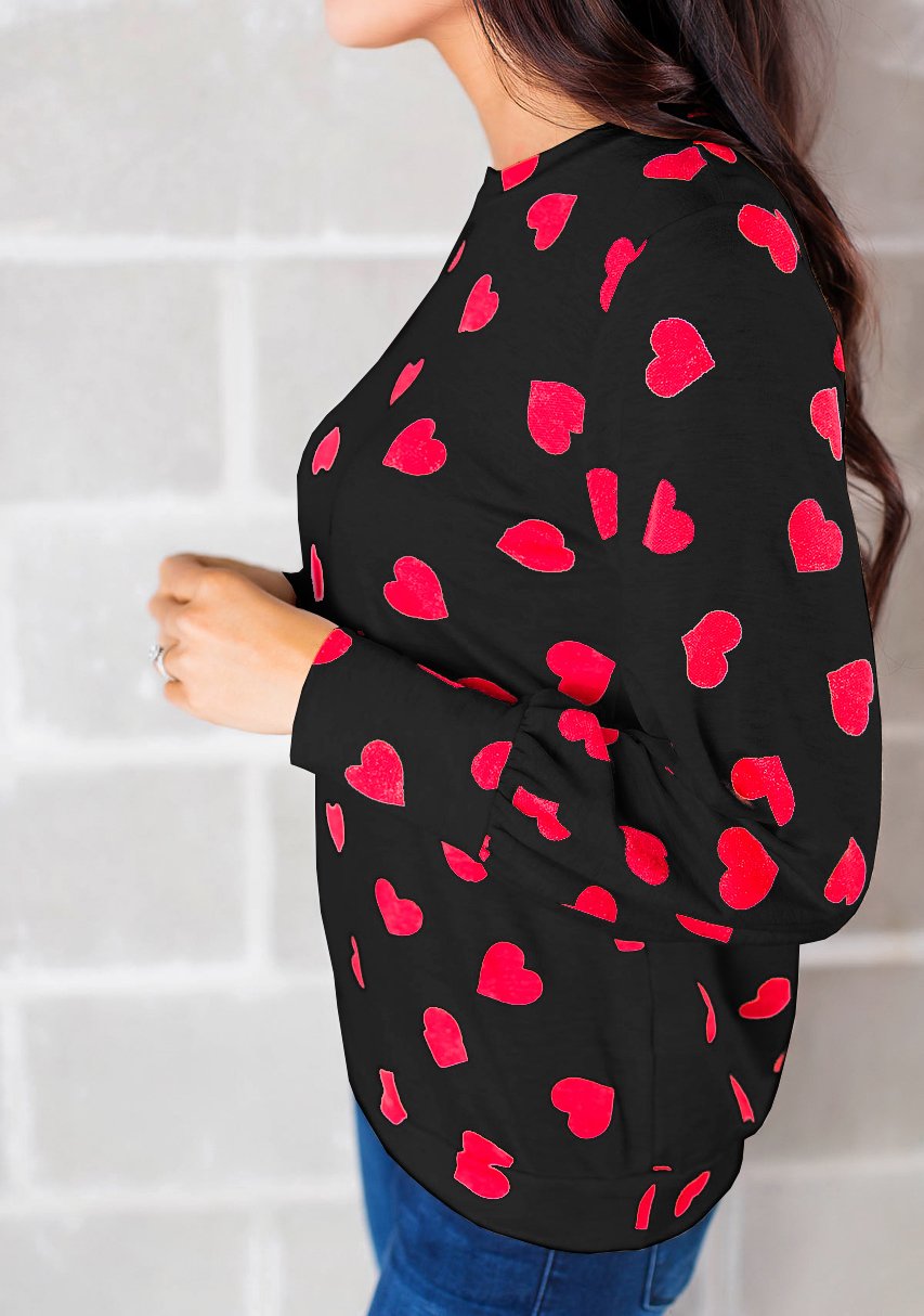 Womens Long Sleeve Heart Prints Blouse Crew Neck Valentines Tshirt Sweatshirt