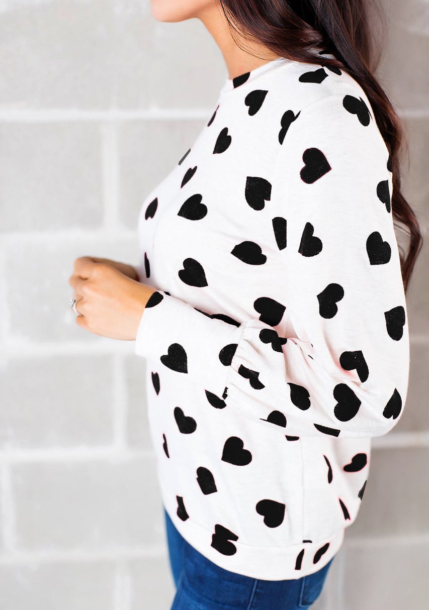 Womens Long Sleeve Heart Prints Blouse Crew Neck Valentines Tshirt Sweatshirt