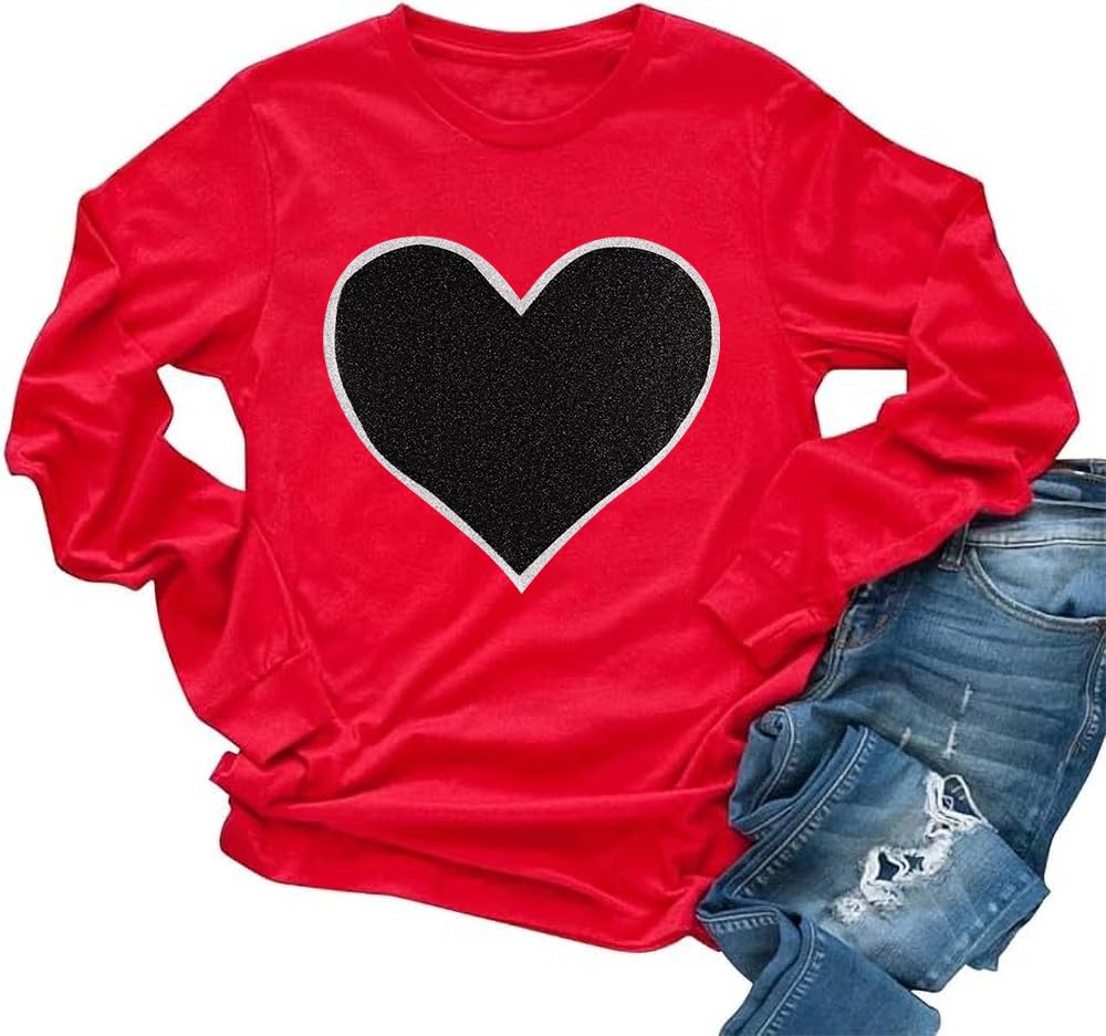 Womens Love Heart Raglans T-Shirts Casual Long Sleeve Valentine's Day Graphic Tees Tops