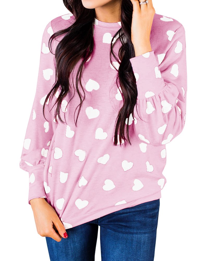 Womens Long Sleeve Heart Prints Blouse Crew Neck Valentines Tshirt Sweatshirt
