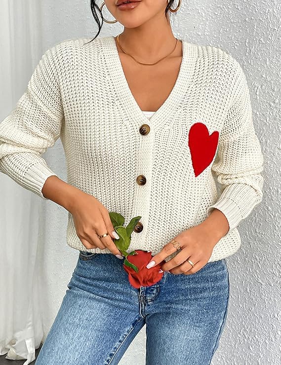 FindThy Women's Cute Cardigan Sweater Kawaii Love Heart Print Y2K Button Knitted Outerwear