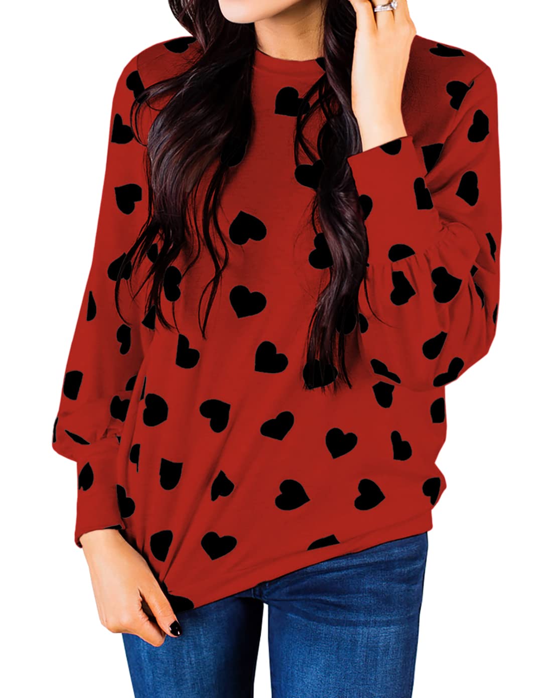 Womens Long Sleeve Heart Prints Blouse Crew Neck Valentines Tshirt Sweatshirt
