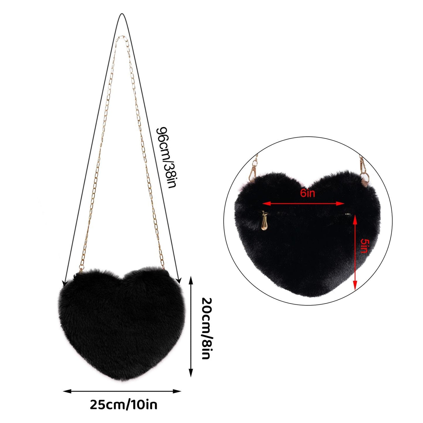 Heart Shaped Faux Fur Purse Fluffy Crossbody Bag Chain Shoulder Bag Cute Clutch Halloween Valentine Women Girls