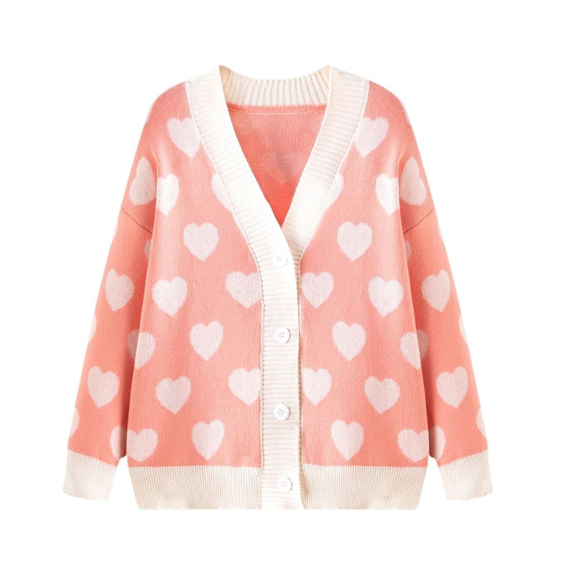 FindThy Women's Cute Cardigan Sweater Kawaii Love Heart Print Y2K Button Knitted Outerwear