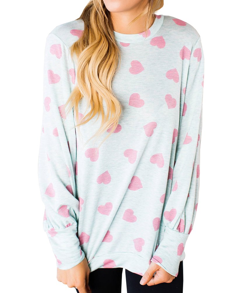Womens Long Sleeve Heart Prints Blouse Crew Neck Valentines Tshirt Sweatshirt