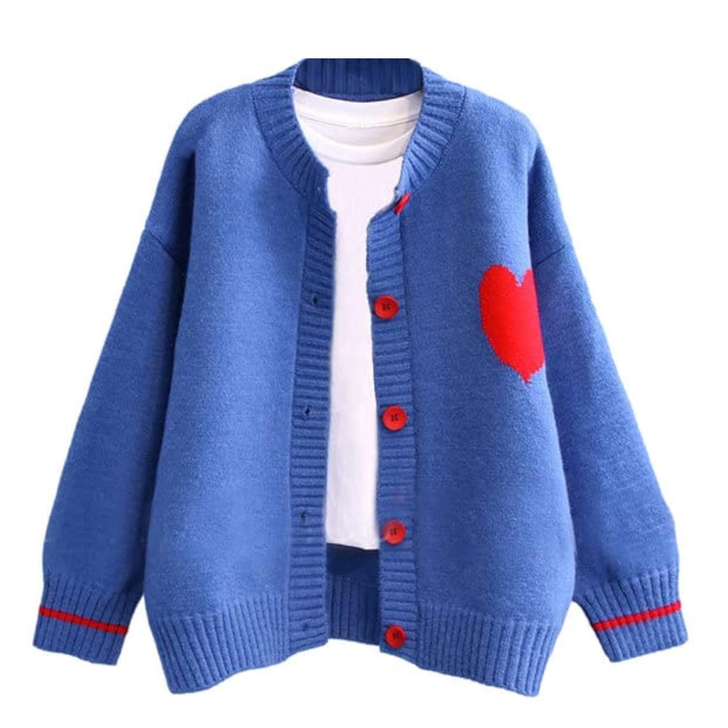 FindThy Women's Cute Cardigan Sweater Kawaii Love Heart Print Y2K Button Knitted Outerwear