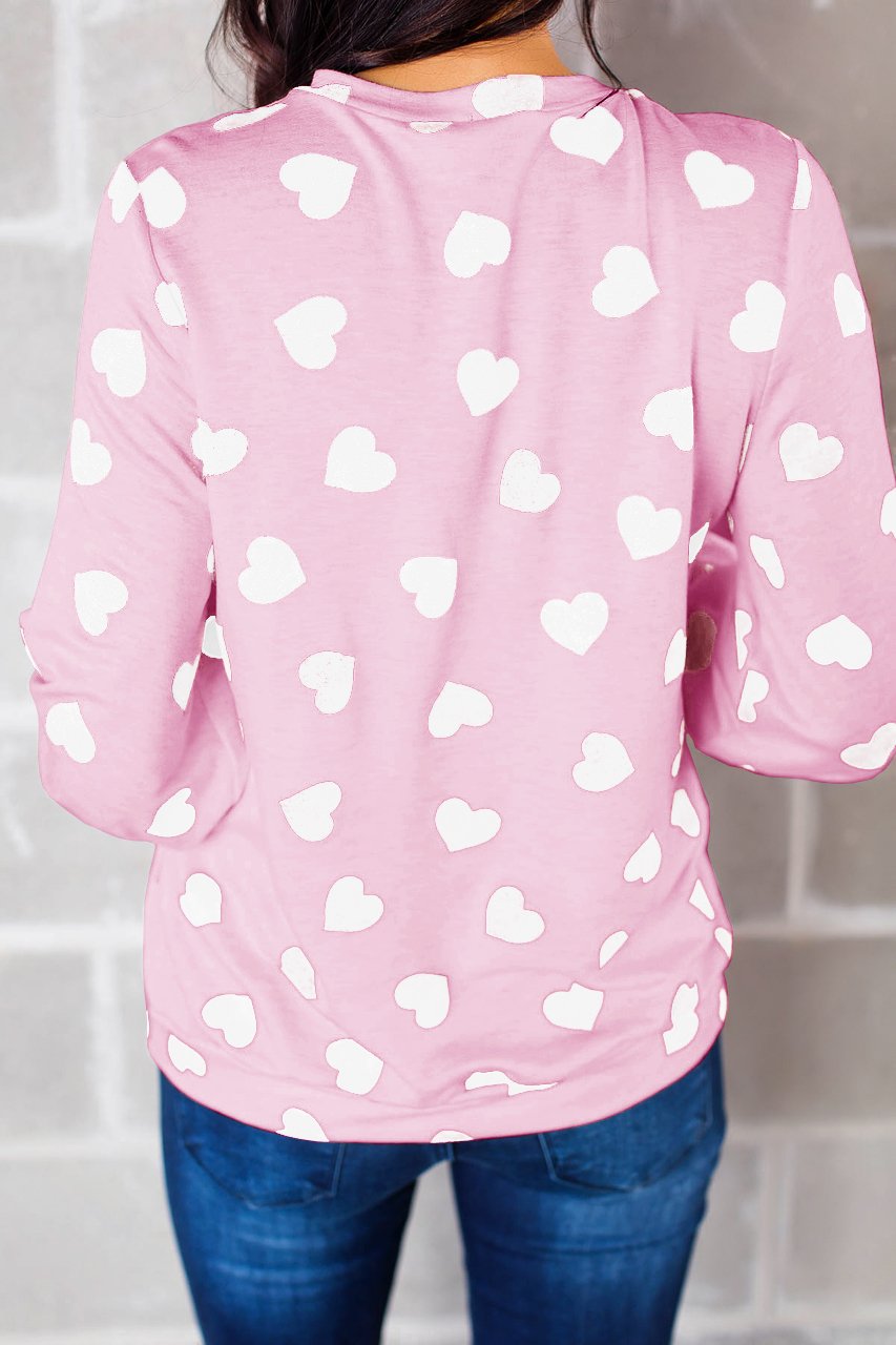 Womens Long Sleeve Heart Prints Blouse Crew Neck Valentines Tshirt Sweatshirt
