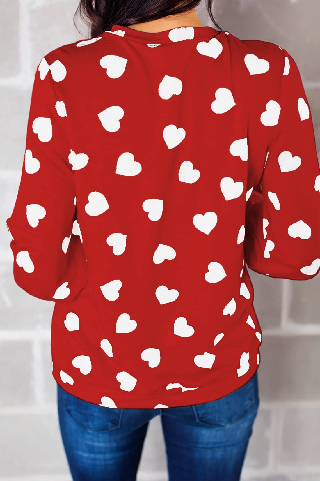 Womens Long Sleeve Heart Prints Blouse Crew Neck Valentines Tshirt Sweatshirt