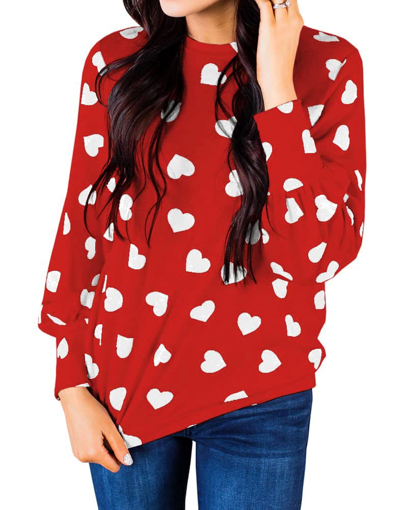 Womens Long Sleeve Heart Prints Blouse Crew Neck Valentines Tshirt Sweatshirt