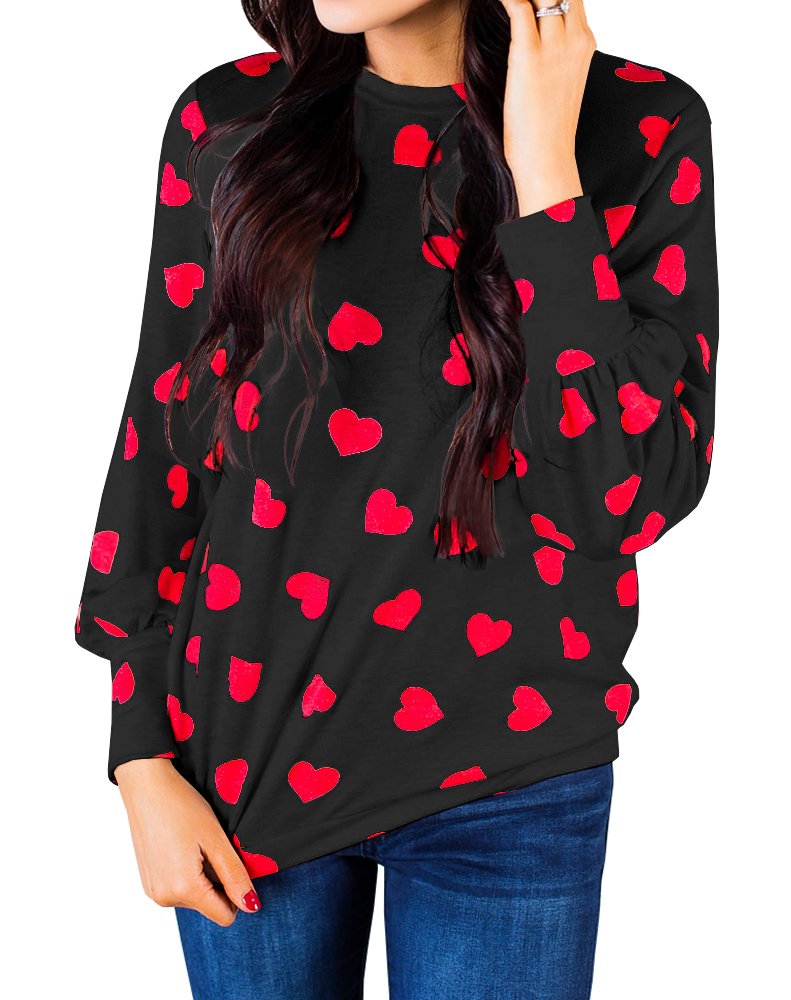 Womens Long Sleeve Heart Prints Blouse Crew Neck Valentines Tshirt Sweatshirt