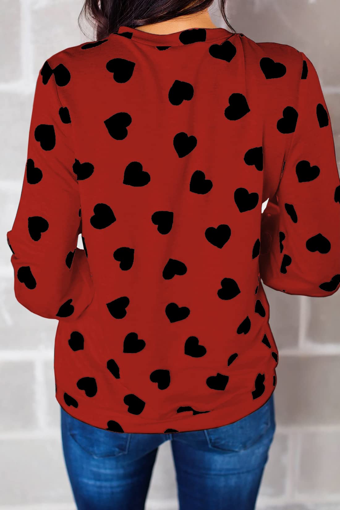 Womens Long Sleeve Heart Prints Blouse Crew Neck Valentines Tshirt Sweatshirt
