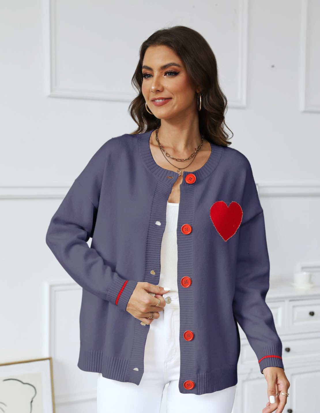 FindThy Women's Cute Cardigan Sweater Kawaii Love Heart Print Y2K Button Knitted Outerwear
