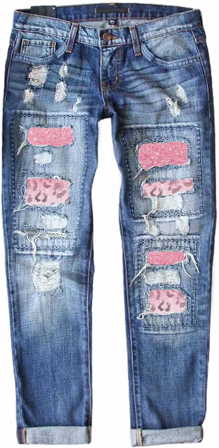 Astylish Womens Plaid Patch Ripped Boyfriend Distressed Stretch Skinny Denim Jeans with Hole