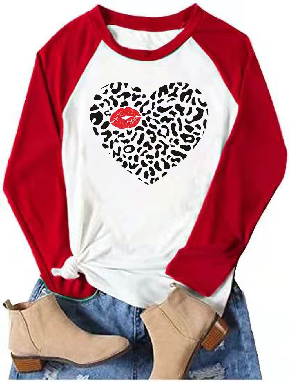 Womens Love Heart Raglans T-Shirts Casual Long Sleeve Valentine's Day Graphic Tees Tops