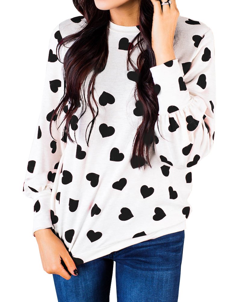 Womens Long Sleeve Heart Prints Blouse Crew Neck Valentines Tshirt Sweatshirt