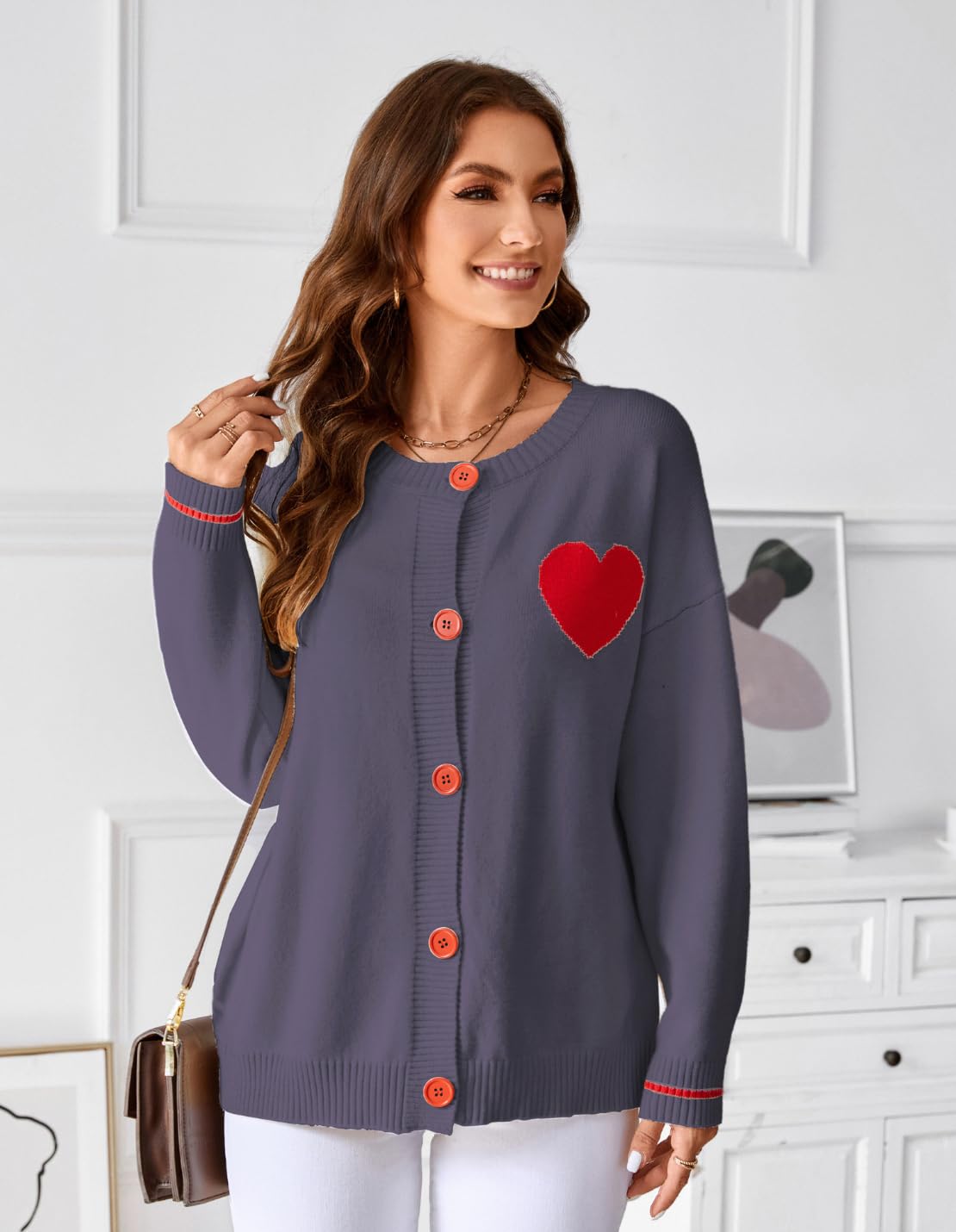 FindThy Women's Cute Cardigan Sweater Kawaii Love Heart Print Y2K Button Knitted Outerwear