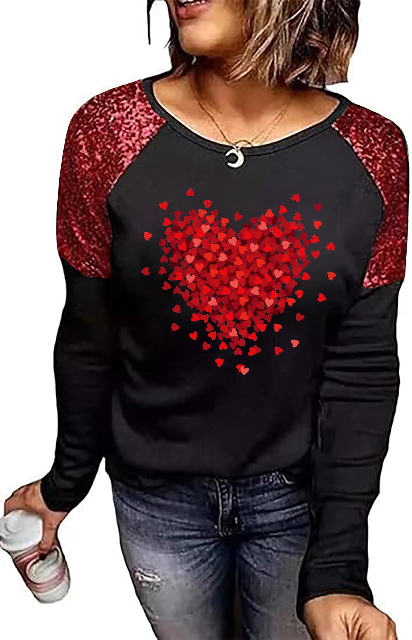 Valentines Day Shirts for Women Funny Plaid Love Heart Graphic Valentines T-Shirt Plaid Striped Splicing Long Sleeve Tops