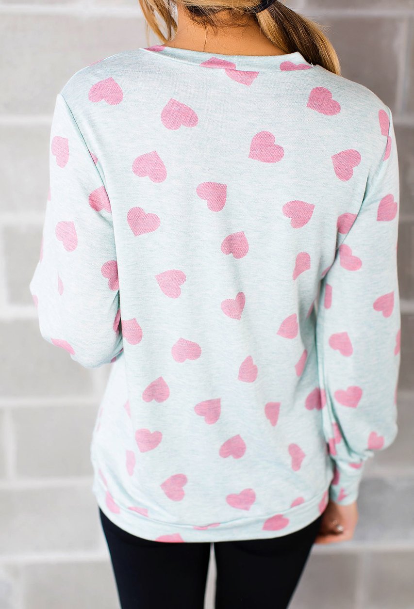 Womens Long Sleeve Heart Prints Blouse Crew Neck Valentines Tshirt Sweatshirt